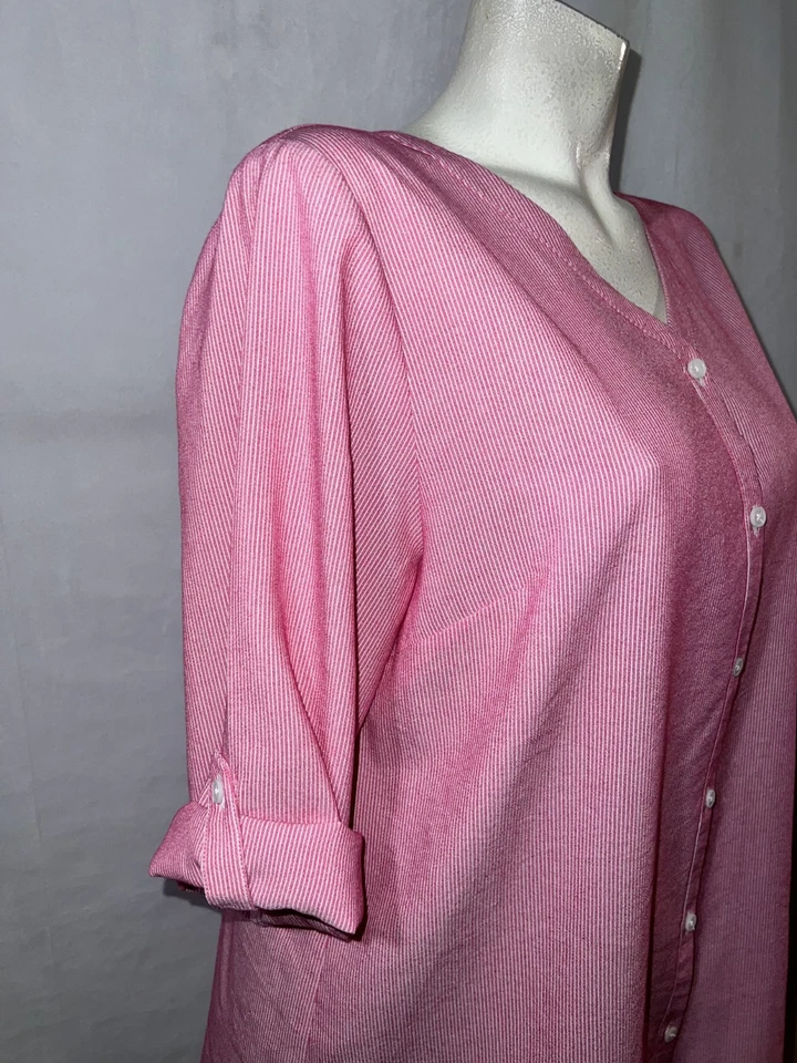 CHICO'S Top Size L (2) Red White Stripe 3/4 Rolled Tab Sleeve Button Shirt Tunic - Image 2 of 4
