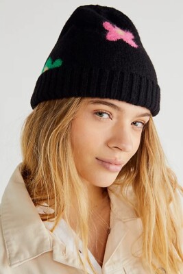 Free People Floating Flowers Beanie Black Pink Green NWOT  display picture 1