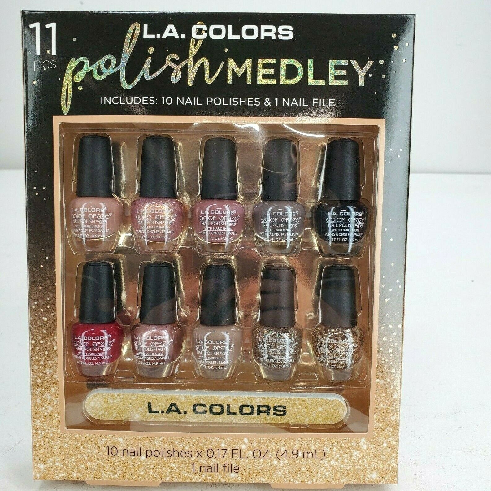 L.A. Colors Polish Medley 11 Piece Set Shiny Glitter Flat Solid Assorted Color 
