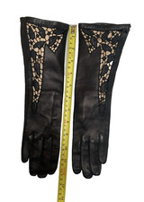Vintage Ladies Black Genuine Kid Leather Long Gloves w cut outs
