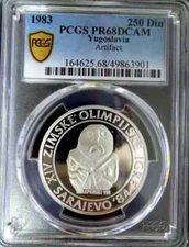 PCGS PR68DCAM  Yugoslavia 1983 Artifact Silver 250 Dinara Super GEM PF Scarce