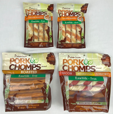 Pork Chomps Dog Chews Variety LOT Bacon 1 lb 1oz Roasted 1 lb Chicken 5.6oz B75