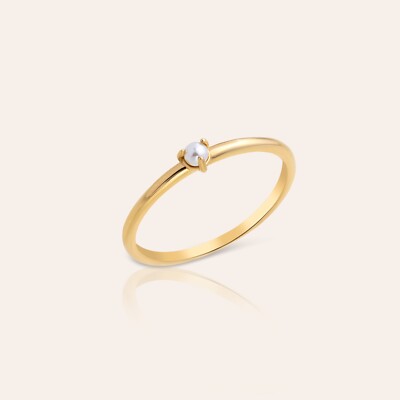 14k Solid Yellow Gold Pearl  Solitaire Ring, Dainty Pearl Stacking Gold Ring, 5