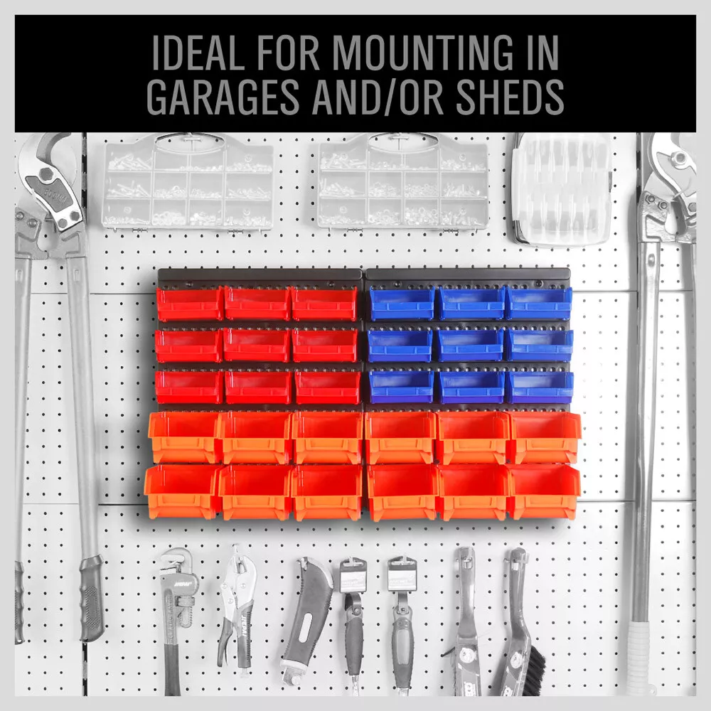 MULSAME Garage Storage Bins With Pegboard, Wall Mounted Parts Rack with  30PCS Bins Organizer, Stackable Garage Plastic Shop Tool, Garage Organizers