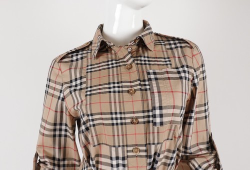 BURBERRY Cotton Beige Checked Belted Long Sleeve Dress Size IT38 170/80A - Picture 2 of 15