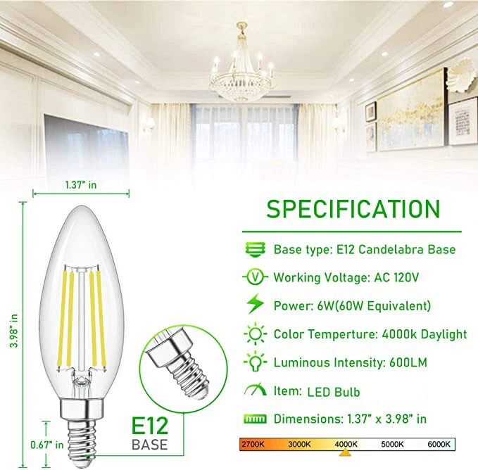 12X E12 LED Candelabra Base Bulb 60W Equivalent Filament 4000K LED Candle Bulb - Image 2 of 4