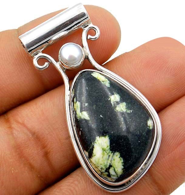 Natural Chinese Writing & Pearl 925 Sterling Silver Pendant Jewelry @16-8