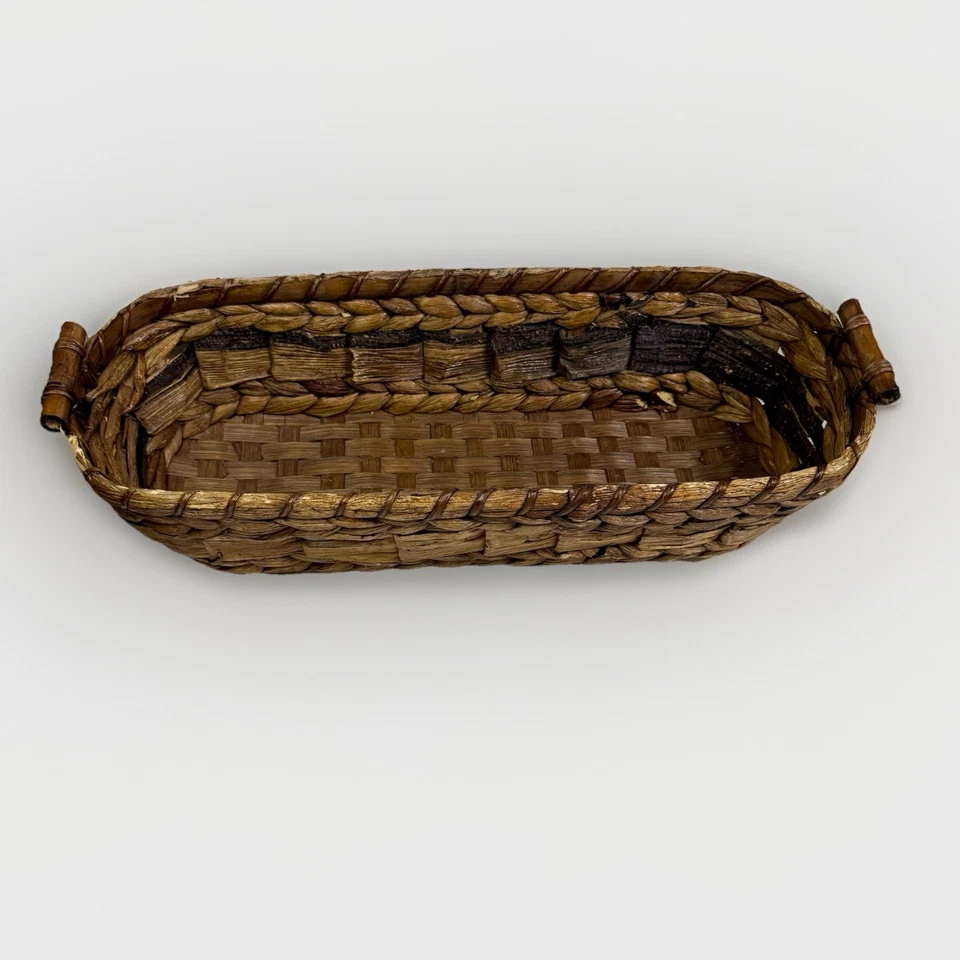 Rattan Storage Bin Basket Modern Decor Wood Handle 18in x 7in x4in UNIQUE DESIGN - Image 2 of 4