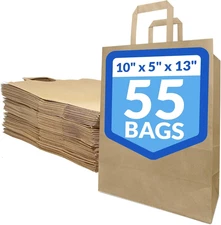 10X5X13 In. Brown Paper Bags with Handles | 55 Pack | Kraft Paper Shopping Bags