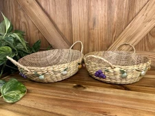 Vtg Raffia Decorated Woven Wicker Casserole Baskets Fruit Vegetable Boho Kitchen