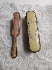 Vintage Lot of 2 Hair Brushes Celluloid On Plated Brass Floral Design Vanity