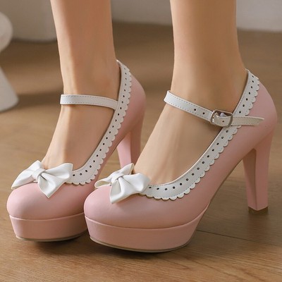 Womens Round Toe Bow Shoes High Heels Party Mary Jane Ankle Strap Platform Dress