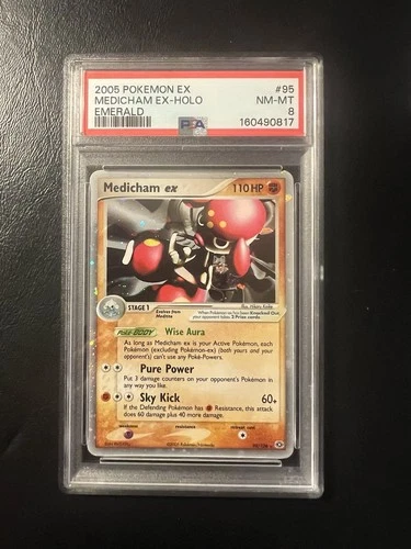 SWIRL NEW CERT PSA 8 MEDICHAM EX 95/106 Ultra Rare Ex Emerald Pokemon Card 2005