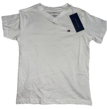 NEW TOMMY HILFIGER Boys Cotton Short Sleeve V-Neck TShirt Top White Sz 5