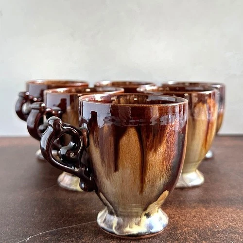 Mid Century Drip Glaze Pottery Mugs Set of 6 Brown and Tan Stoneware Cups