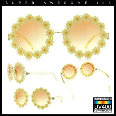 Womens Daisy Flower Trim Round Circle Lens Hippie Sunglasses