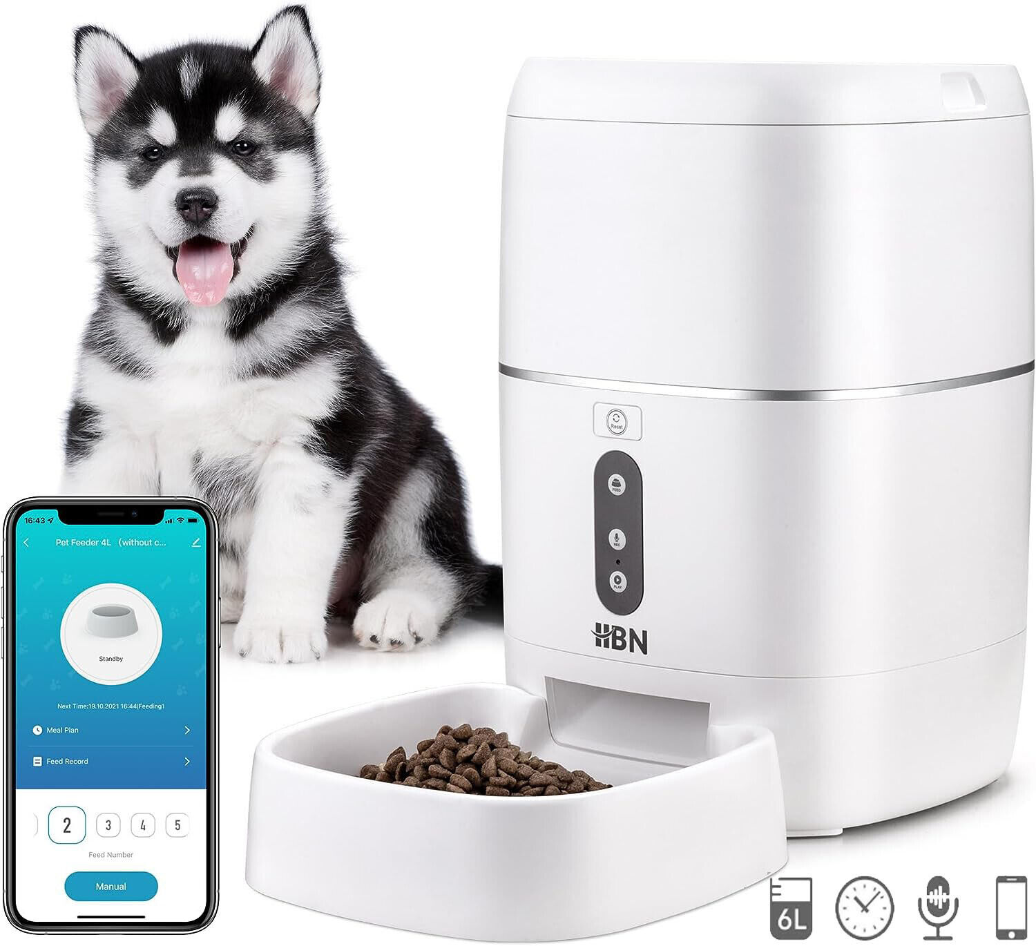 Hbn Smart Pet Feeder 6L, Automatic Food Dispenser 2.4G Wi-Fi Enabled App Control