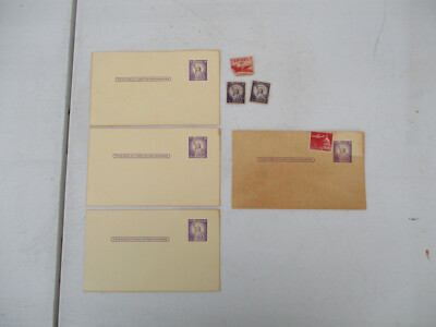 4 Vintage Blank Postcards w/ Postage Affixed, 3 Cent Liberty USPS & Extra Stamps
