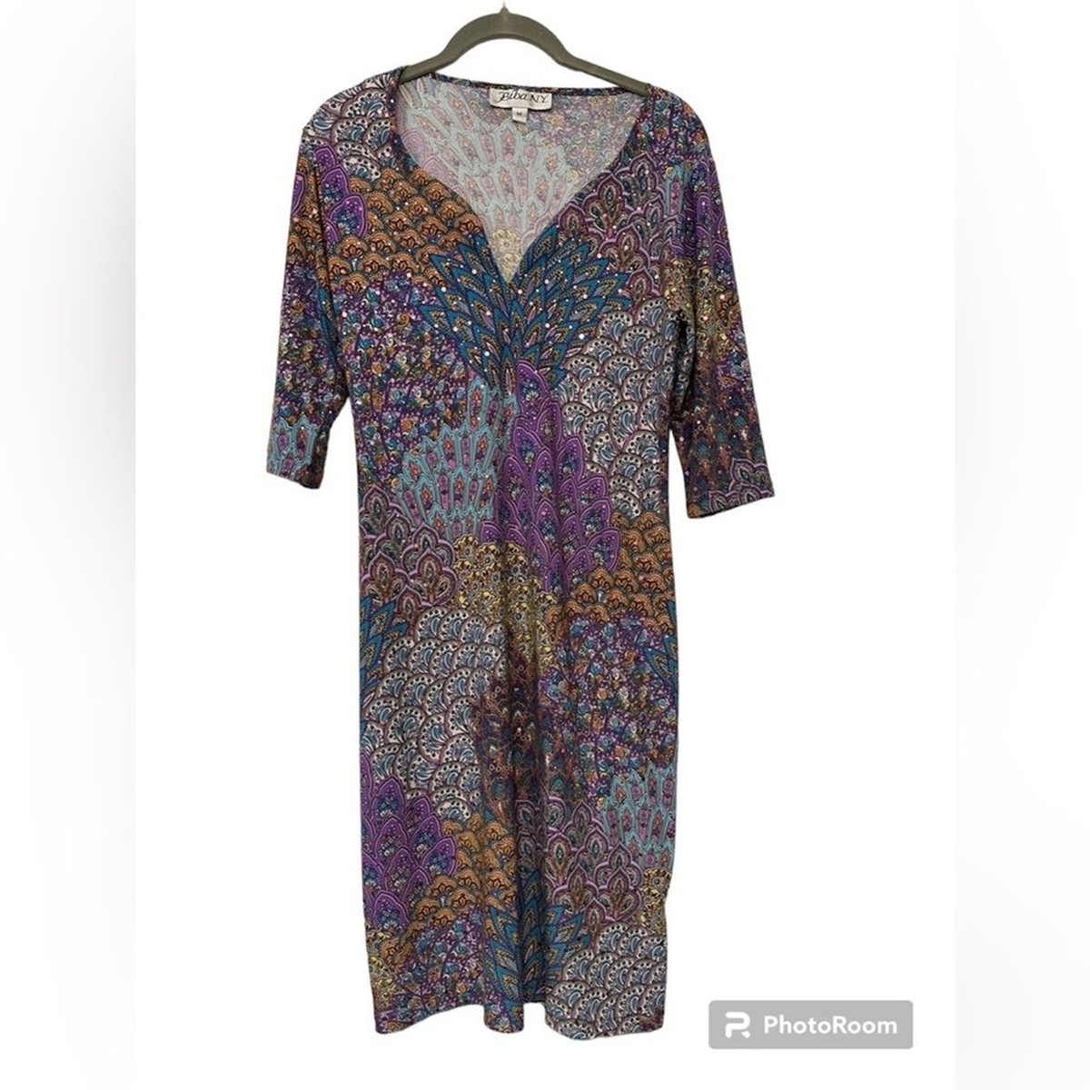 biba purple dress BIBA N.Y. Dress sparkle medium purple gold multicolor y2k v neck artsy