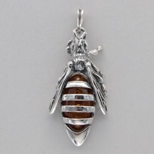 Cognac / Brown BALTIC AMBER Honey Bee Pendant 925 STERLING SILVER - Poland 3338e