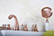 Antique Red Copper 5 Hole Deck Mount Bathroom Roman Tub Faucet W/Hand Shower Set