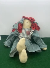 Vtg. Handmade 15” Cloth Rag Doll Folk Art *Cute Green Dress With Green Ribbons