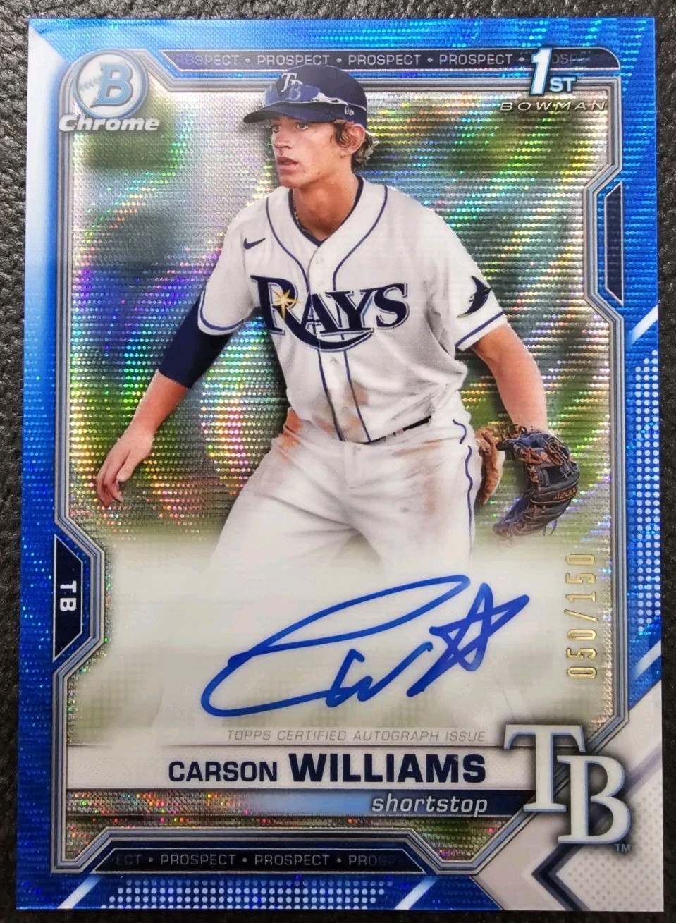 CARSON WILLIAMS 2021 Bowman Chrome Blue Shimmer Wave 1st Auto 50/150 Rays