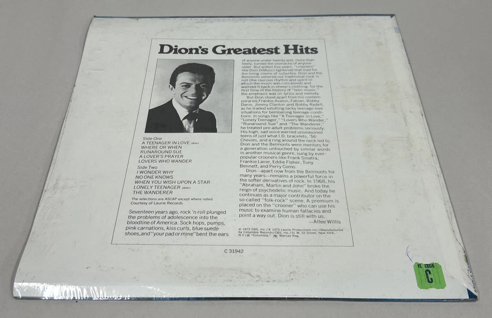 DION’S GREATEST HITS LP RECORD COLUMBIA C 31942 NEW SEALED - Image 2 of 2