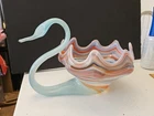 Murano Style Sooner Hand Blown Art Glass Blue & Orange Swirled Swan Bowl 11"