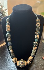 Ceramic Clay Beaded Necklace Hand Painted Chunky Statement Blue Teal Adjustable