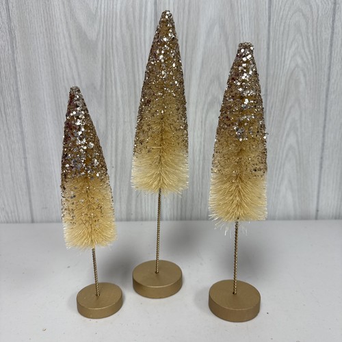 Bethany Lowe Designs Winter Peaceful Gold Glitter Bottle Brush Tree Set 3