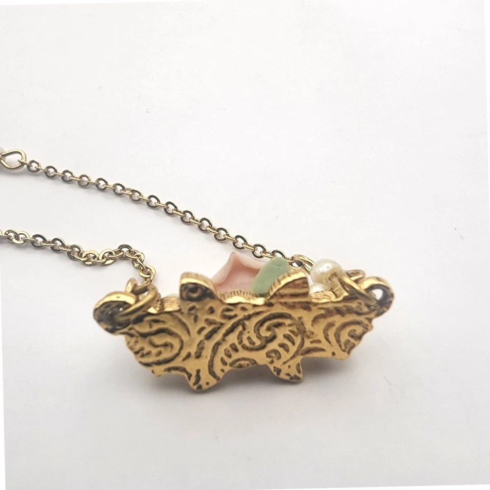 1928 Jewelry Gold Tone Pink Rose Faux Pearl Chain Necklace - Image 4 of 4