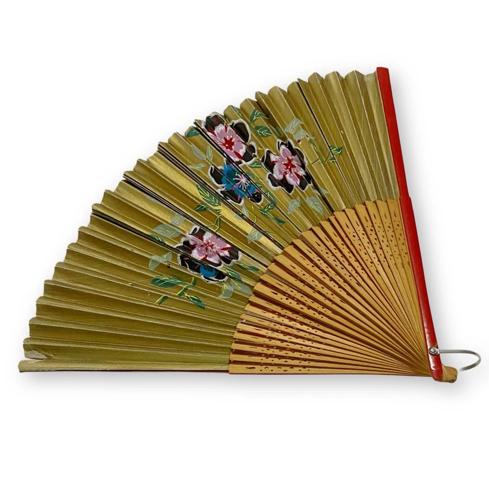 古董 Sensu 手绘金色花卉纸红色竹子折叠手扇 — 第 3/4 张图片