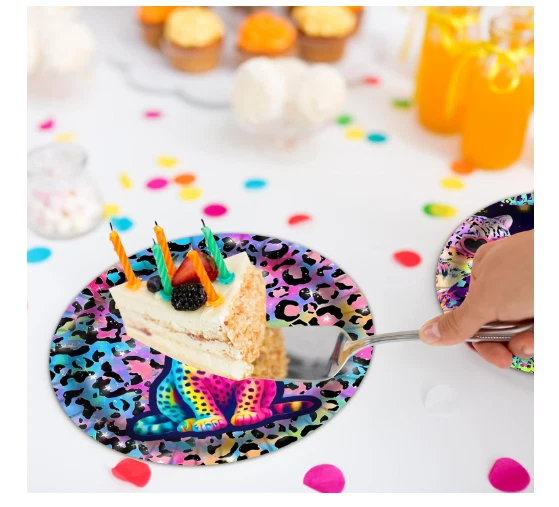 48 ШТ. Неоновые Тарелки для Вечеринок с Леопардовым Принтом, Радужный Гепард Одноразовая Столовая посуда - Изображение 2 из 4