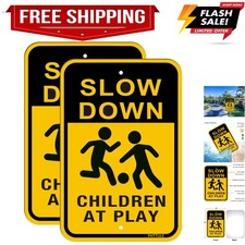 Slow Down Sign Children at Play Sign 2-Pack, 18"" x 12"" Kids Playing Aluminu...