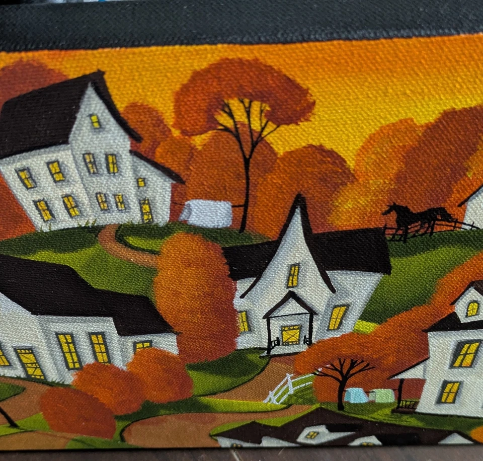 Pintura Arte Popular Original Gato Caballo Campo Lavado Línea Edredón Paisaje Naranja Foto 4 de 4