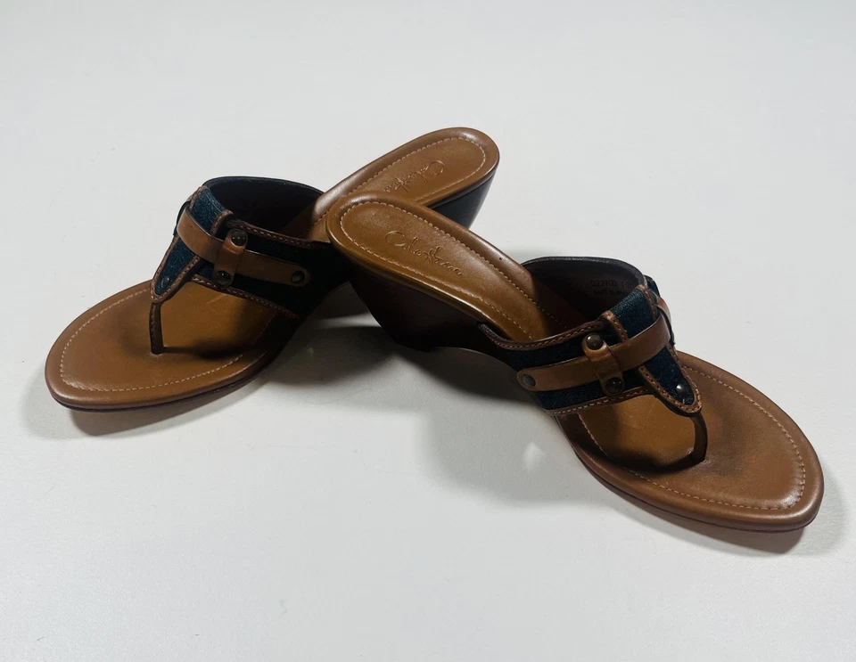 Cole Haan Zapatos Mujer Talla 8.5B Marrón Negro Sandalias de Cuña Hebilla Denim Slide Foto 2 de 4