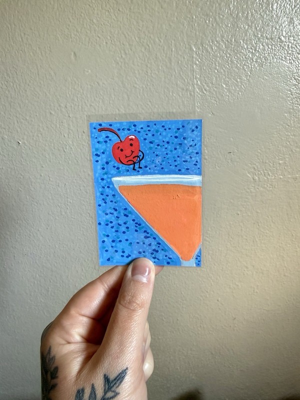 ACEO Original - cherry cocktail cartoon - miniature drawing - ink on paper