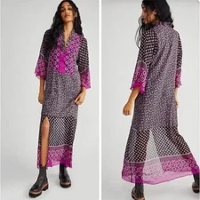 Free People Anna Sui 100% Silk Black Lattice Dress Tumbling Pines Kaftan S NWT