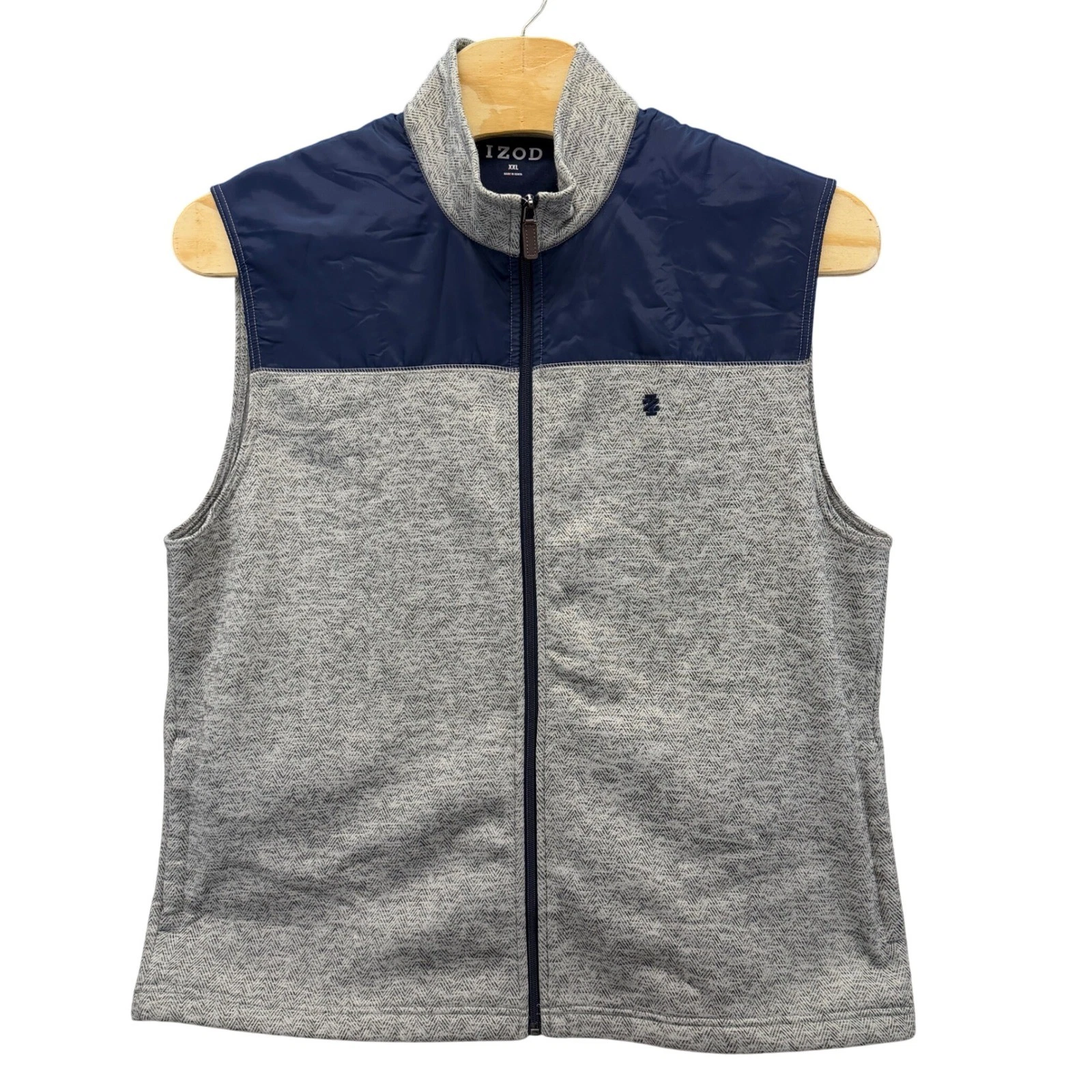 IZOD Mens XXL Full Zip Spectator Fleece Vest Herringbone Gray w Blue Golf preppy