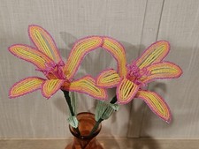NEW 2 handmade French beaded TRI tone lilies lily flowers Orange Yellow Pink