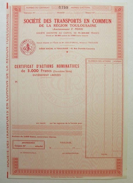 Urkunde Aktionen: Sté Des Verkehrsmittel Der Region Toulouse F. Pons (391) Urkunde Aktionen: Sté Des Verkehrsmittel Der Region Toulouse F. Pons (391)