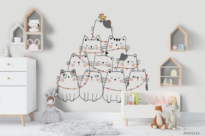 3D Hand Drawn Christmas Cat Self-adhesive Removable Wallpaper Murals