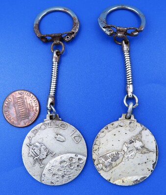 NASA KEYCHAIN Pair '60s vtg APOLLO 9 & 10 Cernan Young McDivitt Stafford Scott