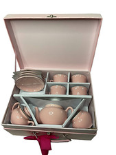 Porcelain Tea Set For Girls Tea Cup Saucer Sugar Pot Creamer Carrying Case Pink