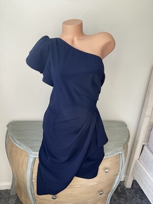 navy blue asymmetric hem one shoulder dress M 8 10 ASYMMETRICal Sheath ELEGANT WEDDING Formal The tea