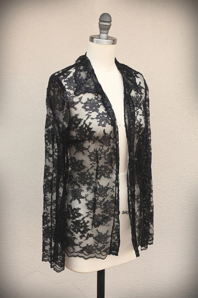 NUEVO CON ETIQUETAS RANDOLPH DUKE Talla 4 Encaje Transparente Floral Malla Brillante Negro Abotonado Foto 2 de 4