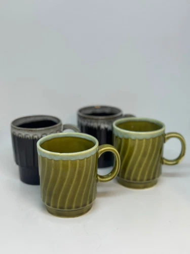 Set Of 4 VTG Japanese Stoneware Mugs Olive Green Brown Drip Glaze Textured MCM
