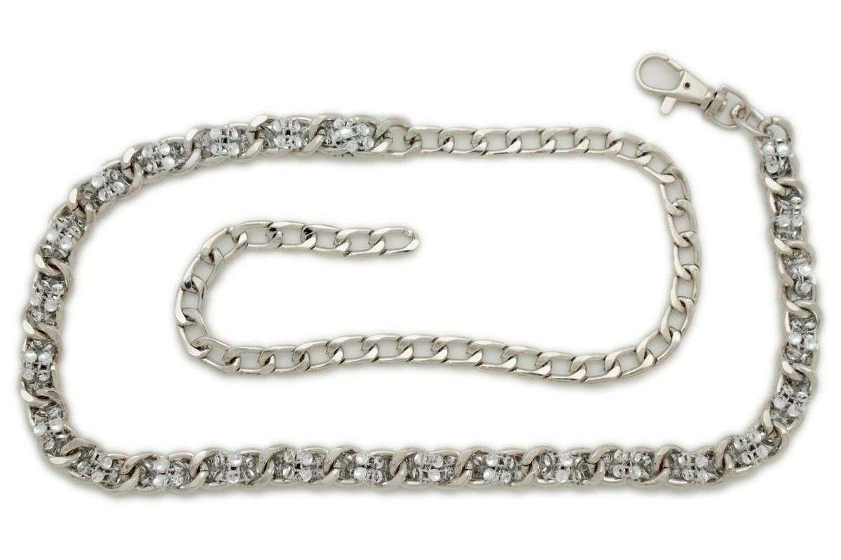 Embellished Metallic Mesh Belt Womens Size M Silver Tone Beaded Unique New-Women-Silver-Metal-Chain-  main image 2