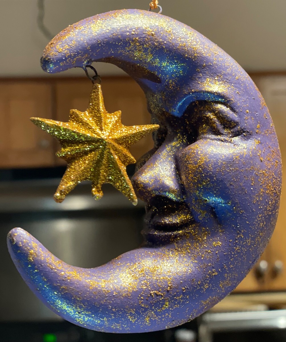 Vintage Dept 56 man in the moon ornament with golden sparkly